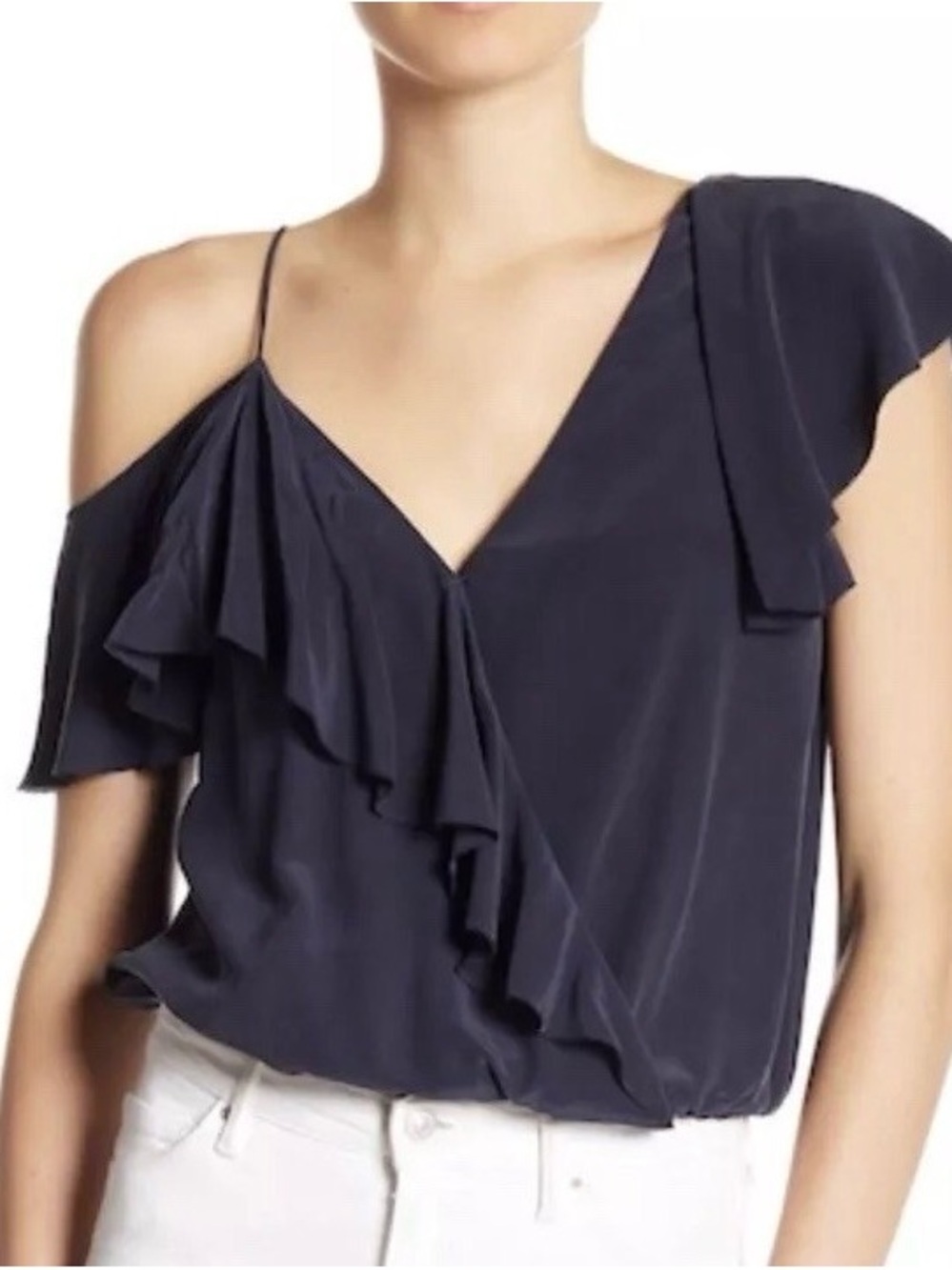 Joie Alcyoneus Silk Ruffle Top Dark Navy XS NWT